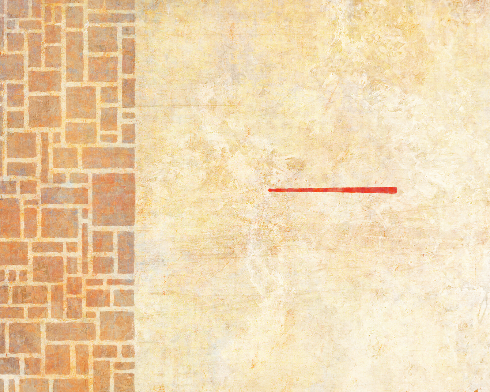 A grid of uneven brown rectangles at left; a horizontal red line at right.