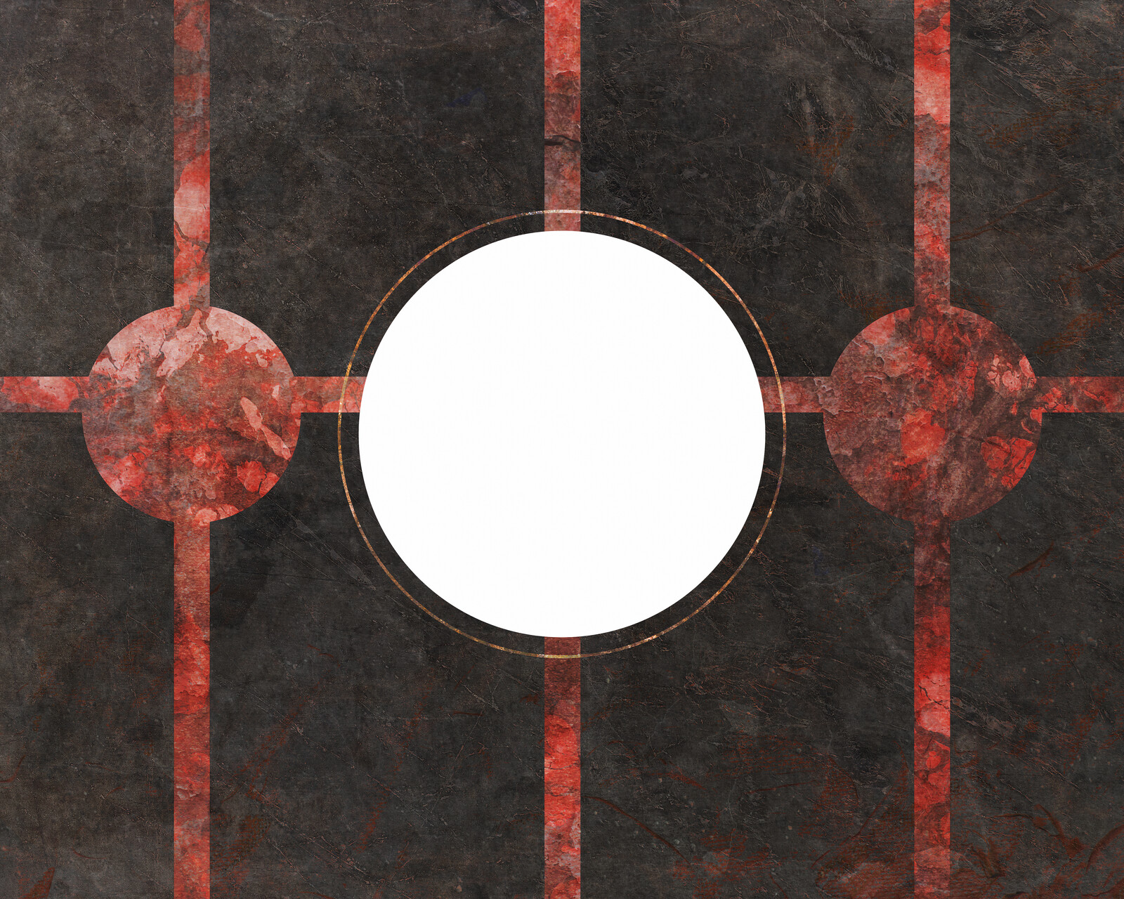 A large white circle at center with two flanking red circles, with a horizontal red line underneath going across the canvas and three vertical red lines behind the three circles.