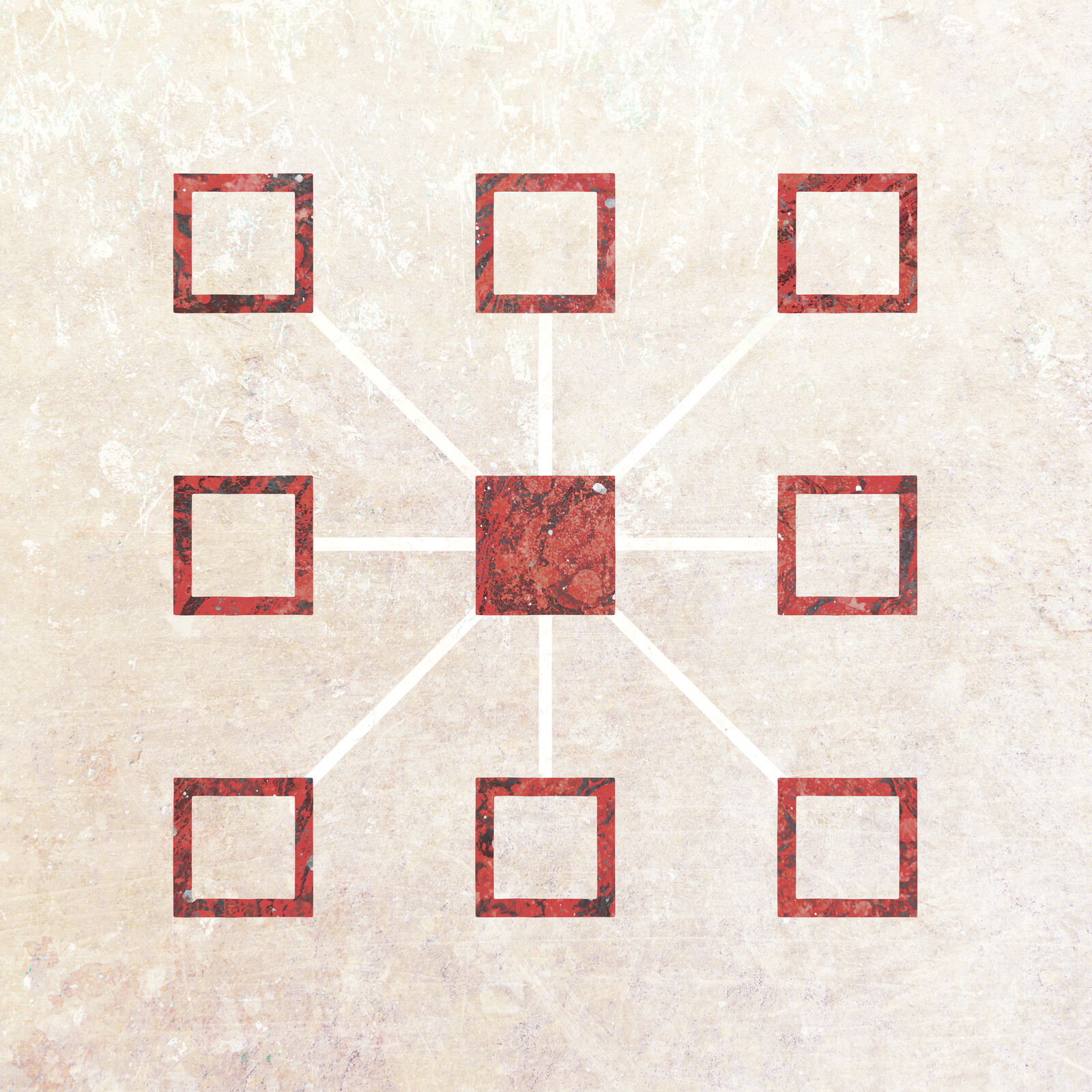 A solid red square at center with white lines leading from it to the eight hollow red squares surrounding it.
