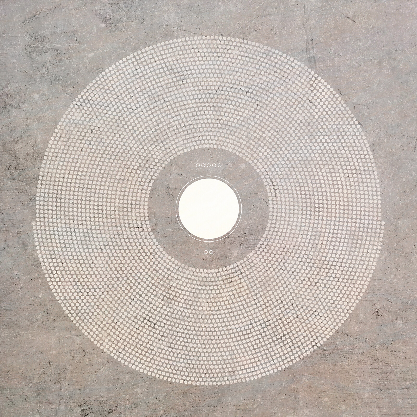 A large white circle at center, with five small hollow white circles above it and two others below it. Surrounding them in a larger circle are five thousand small white circles in concentric rows.