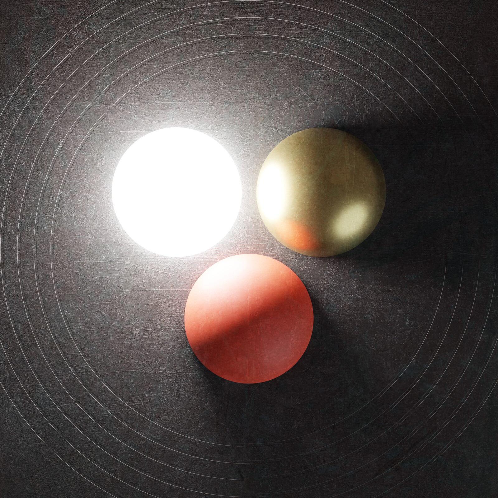 A glowing white sphere and a golden sphere at top; a red sphere at bottom.