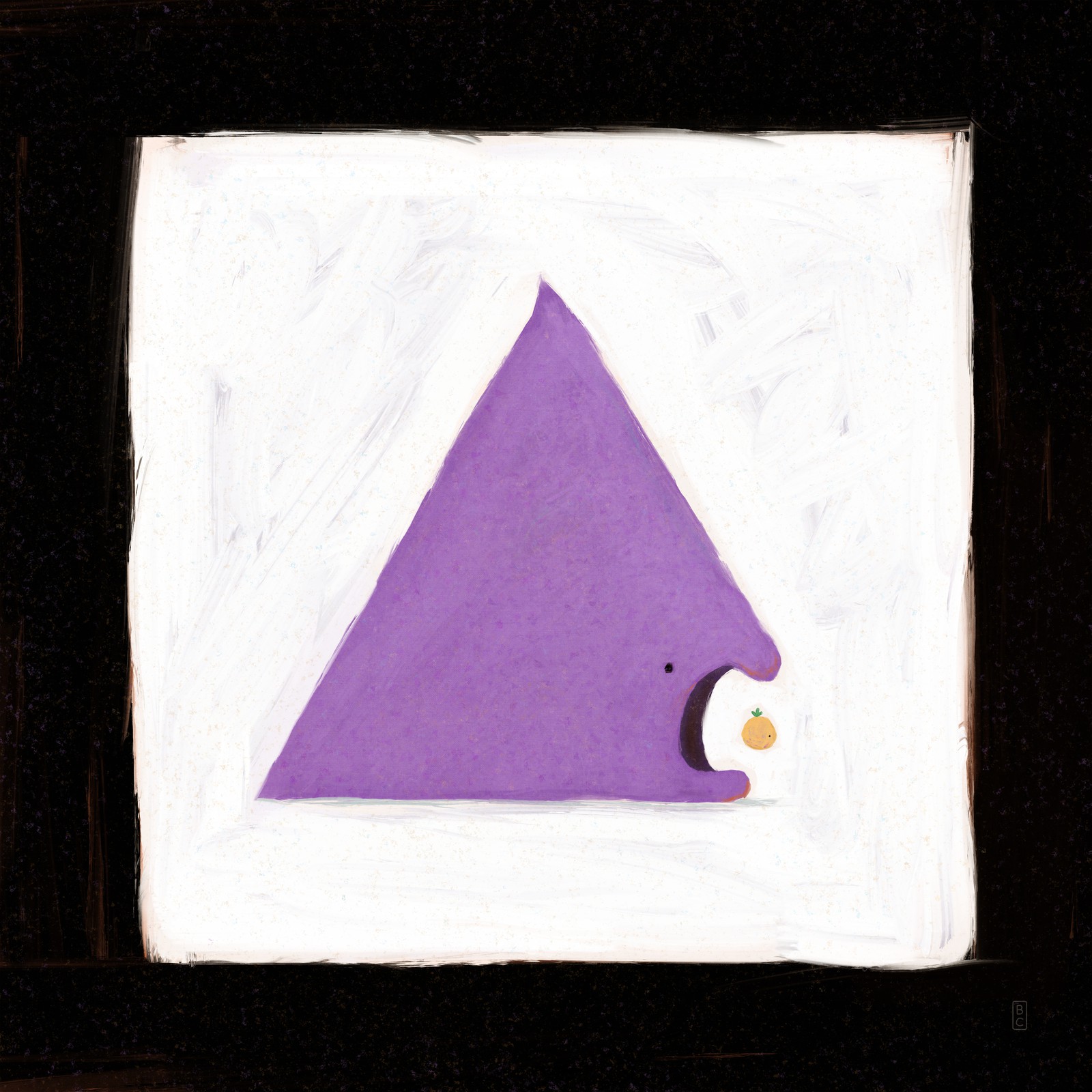 A large purple triangle with its mouth open ready to eat a small orange creature.