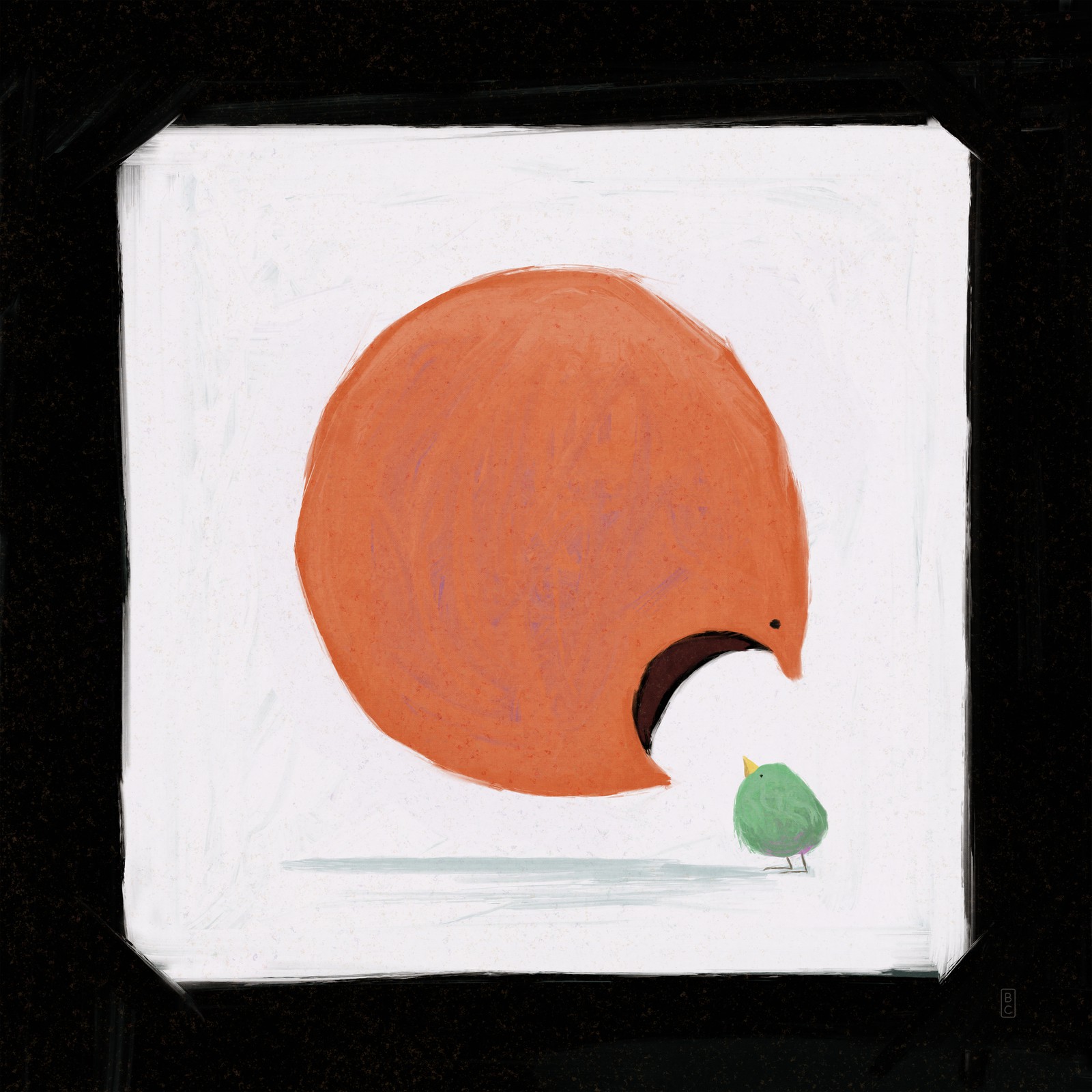 A large orange circle with its mouth open ready to eat a small green bird-like creature.