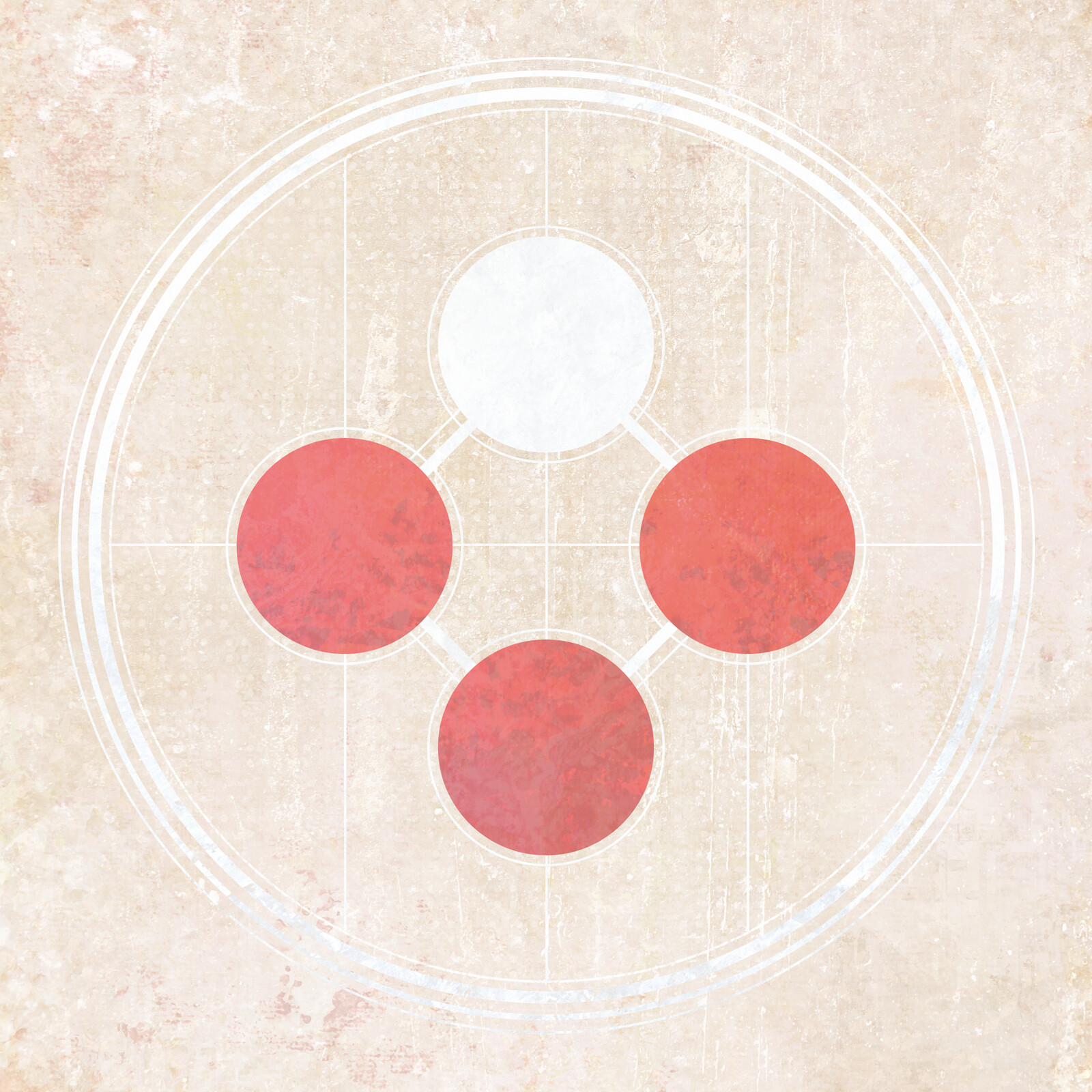 A white circle above three red circles.