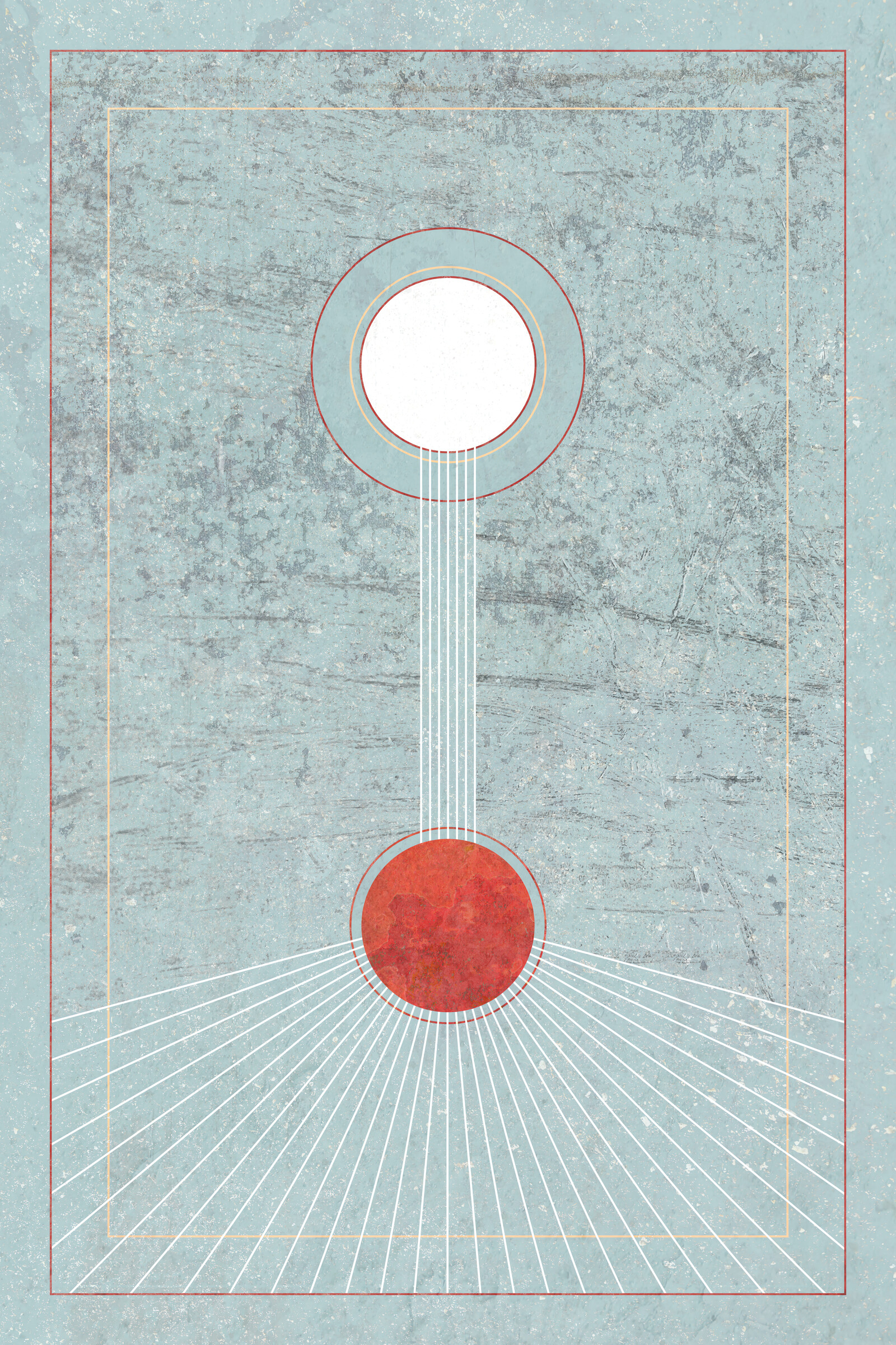 A white circle above with white lines leading straight down to a red circle below. White lines radiate down and out from the red circle.