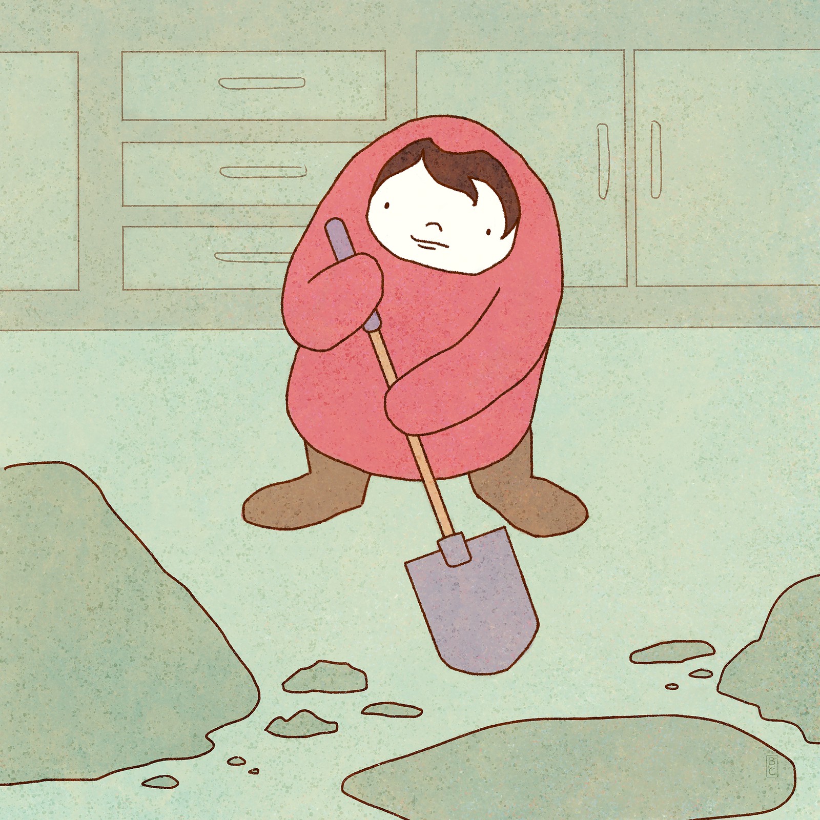 A small child wearing a red snow jacket, digging a hole in a kitchen.