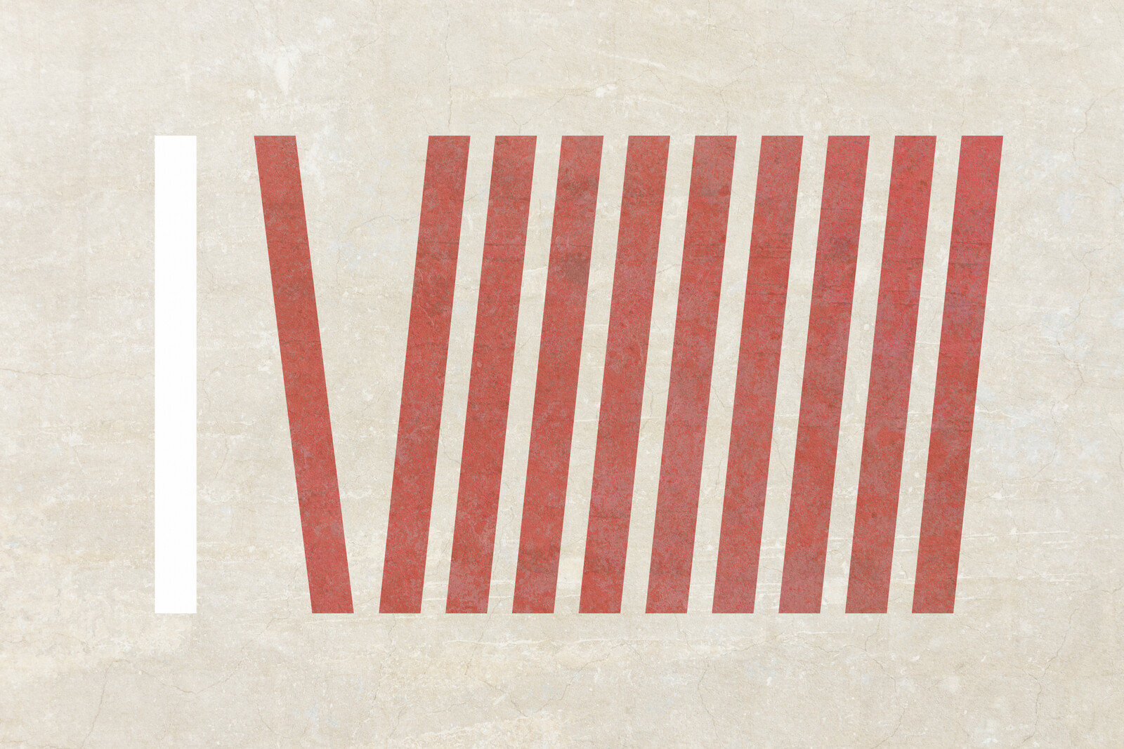 One vertical white rectangle at left, a vertical red rectangle leaning towards it, and nine vertical red rectangles leaning away.