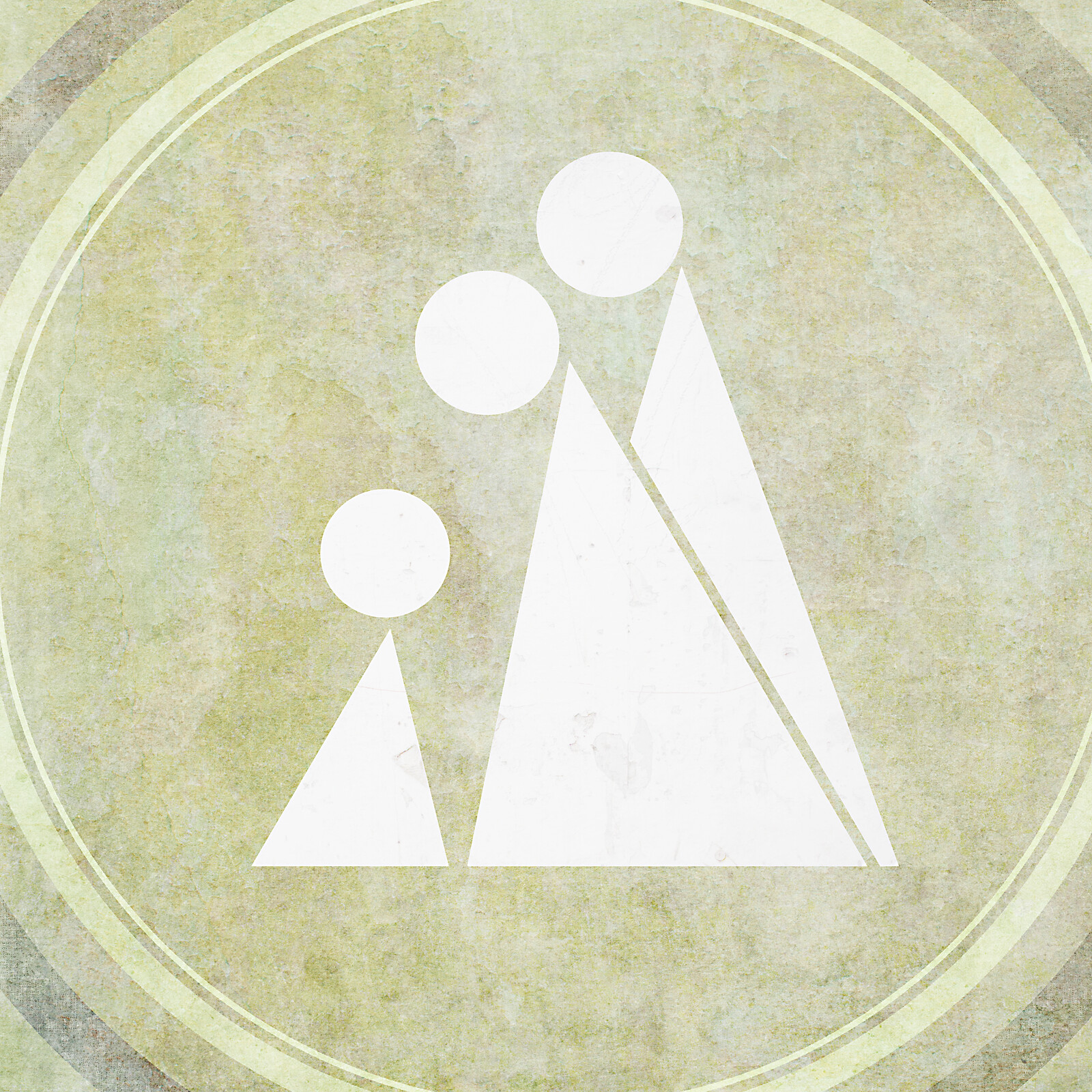 A small white circle-and-triangle figure on the left approaches two larger white circle-and-triangle figures on the right.