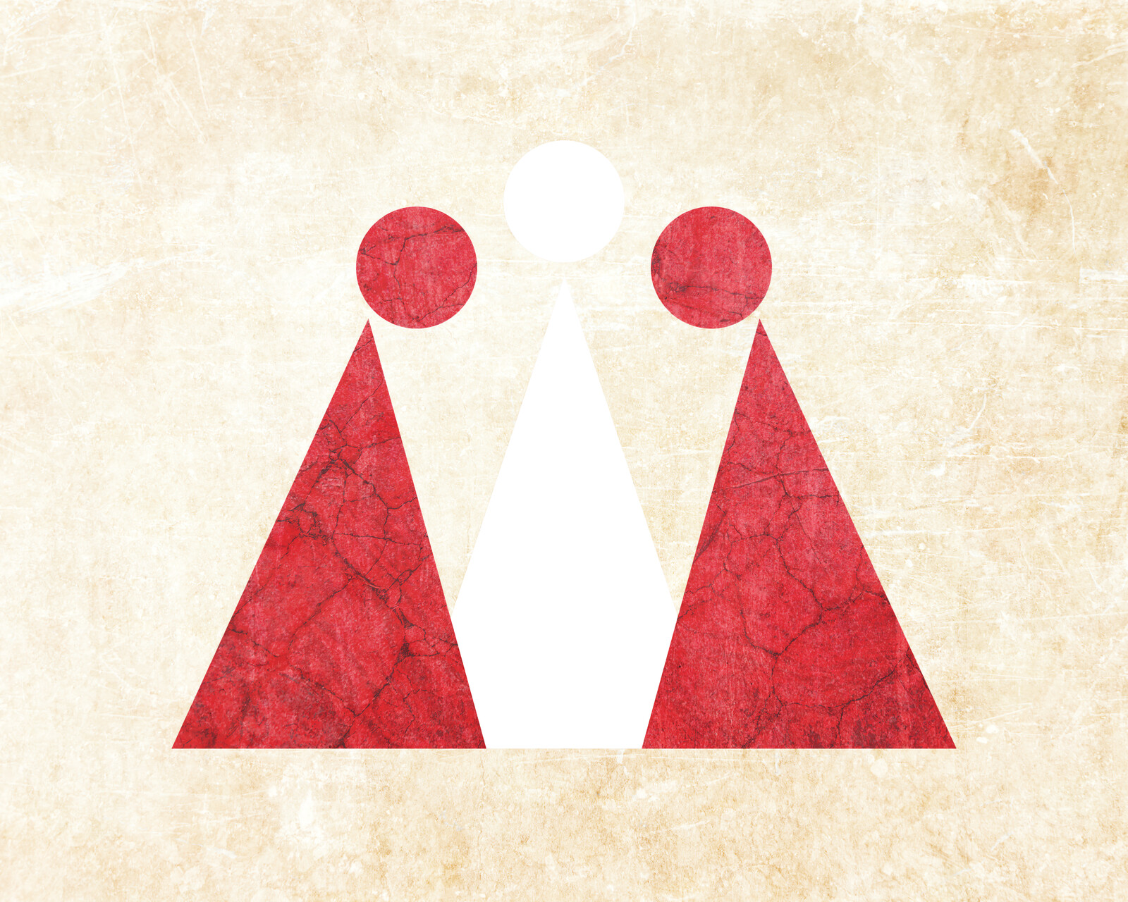 Two red circle-and-triangle figures facing each other, with a white circle-and-triangle figure between and behind them.
