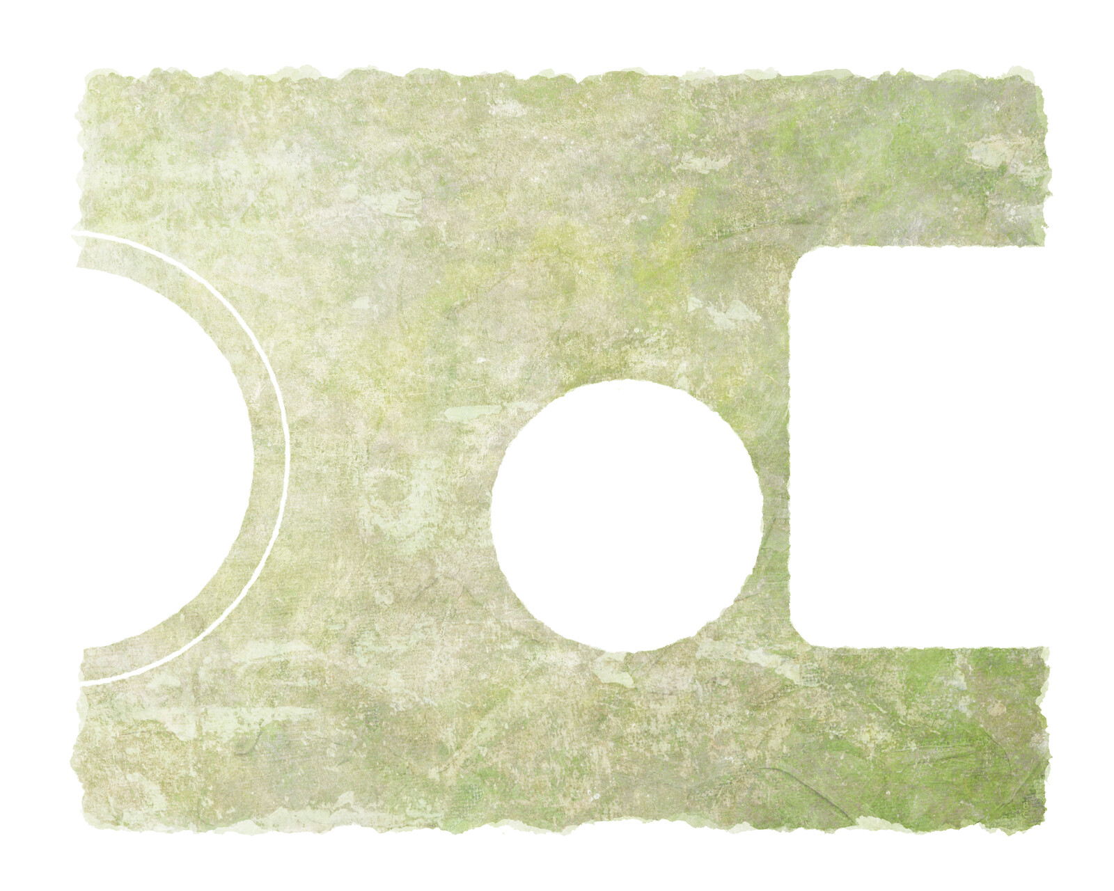 A large white circle with a thin white ring at far left, a smaller white circle in the center, and a white square at far right.