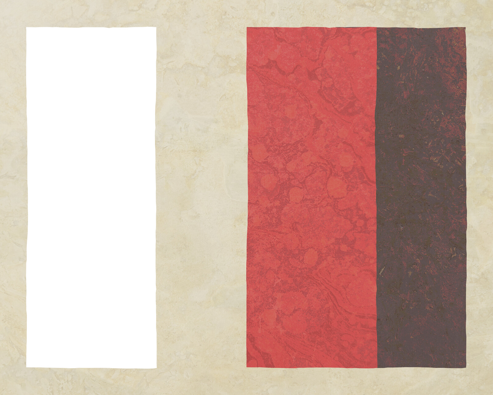 Left to right: a white rectangle, a red rectangle, a dark brown rectangle.