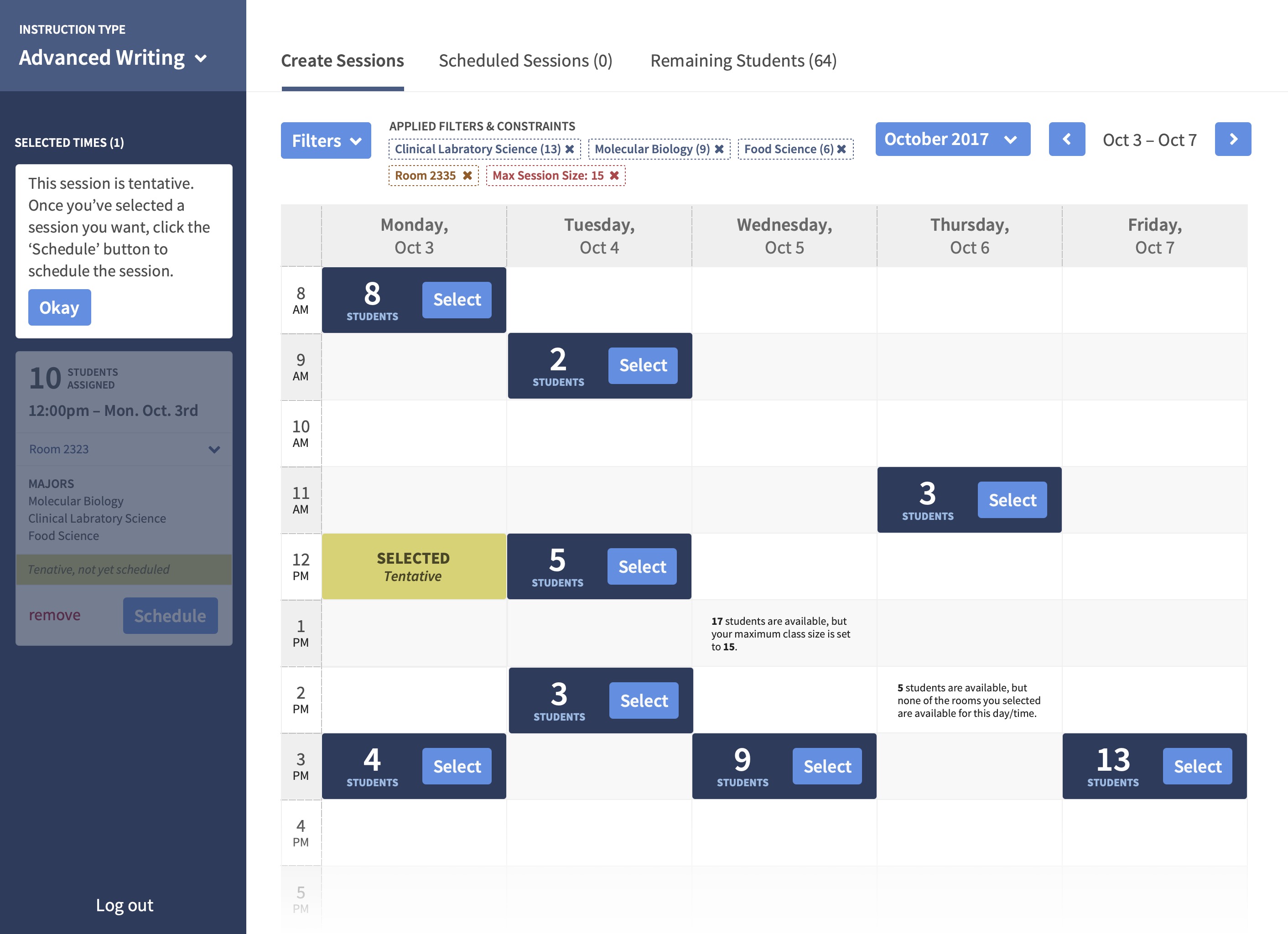 Screenshot of BYU Library instruction class scheduler